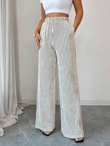 SHEIN Elenzya Women's Striped Print Pocket Elastic Waist Casual Pants, Spring/Summer - Apricot - View 4