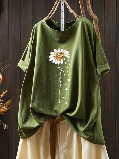 EMERY ROSE Damen Sommer Lässig Blumen Muster Kurzarm T-Shirt, locker geschnitten, bequem, geeignet für Outdoor, Dates, Lässig