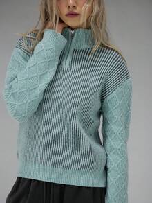 COUREZ Long Sleeve Color Block Rib Knit Jumper Y2K Spring For Women Sweater - Green - View 9