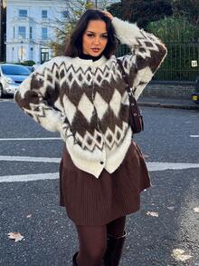 NegzBox Cardigan casual e ampio da donna in maglia spessa con motivo geometrico colorblock, adatto per l'autunno e l'inverno, per l'ufficio, il Capodanno e il Natale - Castano - Visualizzare 6