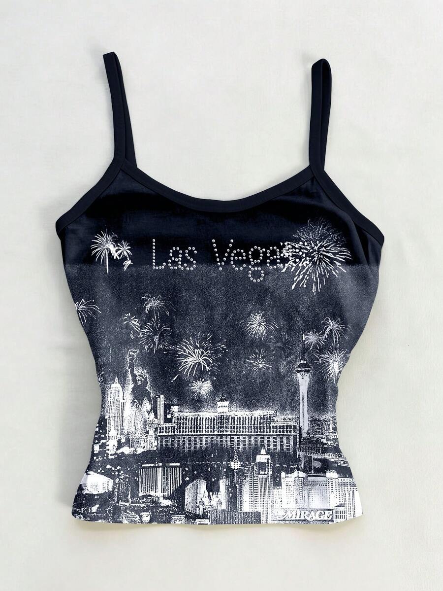 SHEIN Women's Summer Fashion Street Building & Firework Print Slim Camisole - Multicolor - View 1