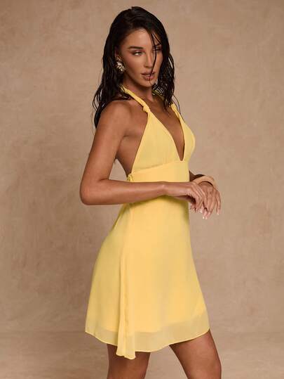 Glamine Women's Solid Color Chiffon Halter Backless Dress