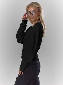 MUSERA V-Neck Cable Knit Cinched Waist Cardigan Fall Autumn Cosy Cute Casual Coffee Club Winter  Elegant Evening Party - Black - View 4