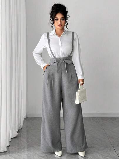 Elenzga 大码女士优雅休闲连体裤，配蝴蝶结，适合日常穿着和工作场合。