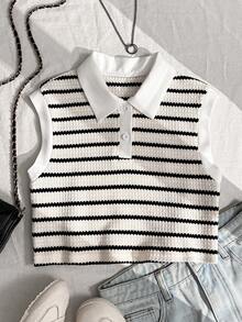 Sparklyn 1pc Tween Girl All-Match Casual Polo Collar Cropped Tank Top, Classic Black & White Striped Textured Top, Versatile, Can Be Worn Layered Or Standalone, Pair With Jeans, Shorts, Skirts, Wide-Leg Pants - Black and White - View 1