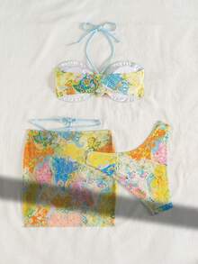 Swim Vcay 3 件套夏季春假随机印花吊带比基尼套装，配有短裙和花卉配饰，优雅性感成人海滩派对泳装 - 彩色 - 查看 5