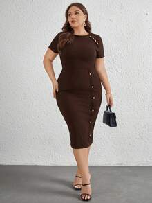 SHEIN Privé Plus Size Women's Solid Color Round Neck Short Sleeve Button Design Elegant Fitted Dress Plus Size Brown Dress Brown Bodycon Dress - Brown - View 1