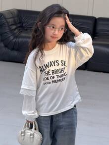 DAZY Young Girls Round Neck English Letter Lace Patchwork Long Sleeve T-Shirt Spring - White - View 7