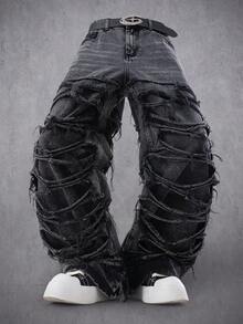 Manfinity Denimwave Men's Casual Distressed Frayed Hem Dark Grey Denim Jeans - Black - View 3