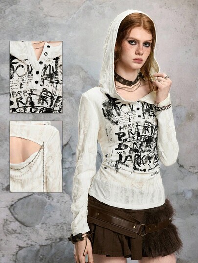 Fairycore Punk Letter Print Hooded Long Sleeve T-Shirt Top For Women