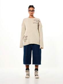 SUMWON WOMEN Oversized Ribbed Knit Sweater With Text Graphics And Long Sleeves For Casual Winter Layering - Khaki - View 3