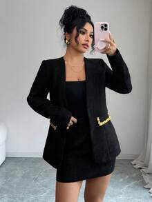 Elenzga 2025秋冬新款女士时尚优雅亮片装饰红色粗花呢套装两件套 - 黑色 - 查看 5