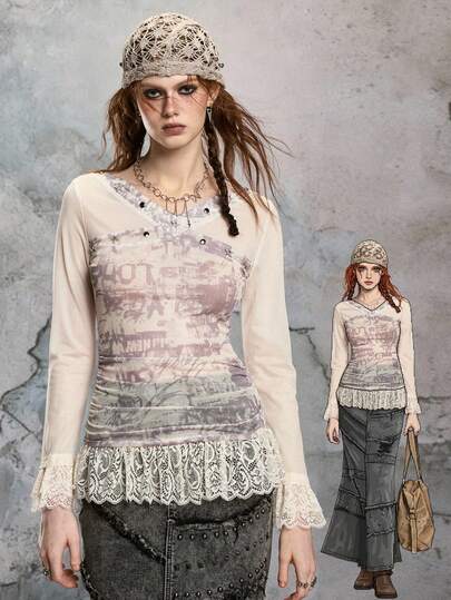 Fairycore Fairy Punk Rebellious Sheer Mesh Lace Rivet Splice Fitted Long Sleeve T-Shirt