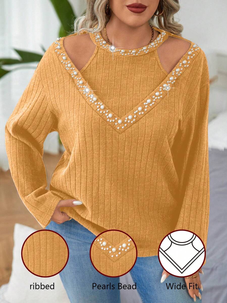 Elenzga Damen Große Größen Kunstperlen Dekor Ausschnitt Schulter Langarm T-Shirt, Frühling Herbst - Rötlich-braun - Übersicht 1