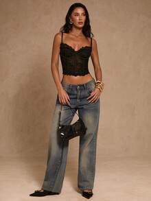 SHEIN Glamour Women's Lace-Trimmed Backless Eyelet Tie-Up Slim Fit Camisole, Suitable For Vacations, Parties, Everyday Wear, Music Festivals, And Other Occasions. Lace Tube Top Tube Top With Bra Black Lace Corset Top Lacey Top Corsets Women Tops