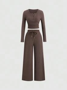 Sweetra Women's Coffee Brown 2-Piece Set,Fall Winter Casual Loungewear Plush Ribbed Fabric Ruched Design Adjustable Waistband Textured Solid Color Outfits - Coffee Brown - View 3