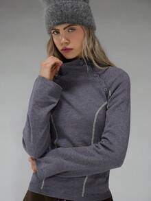 COUREZ 长袖高领罗纹针织上衣，不对称前襟纽扣设计 / Y2K 长袖上衣 外出上衣 女士上衣 冬季女装 灰色上衣 性感可爱上衣 - 深灰色 - 查看 6