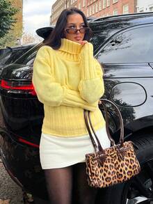 NegzBox Suéter de cuello alto de punto grueso acanalado para mujer, color amarillo, manga larga, otoño/invierno - Amarillo - Ver 6