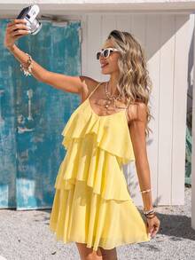 Vivid Eden Spring/Summer Outing Holiday Date Dress, Spring/Summer Casual Vacation V-Neck Spaghetti Strap Backless Multi-Layered Ruffled Hem Soft Textured Fabric Women's Cream Yellow Dress, Holiday Summer Beach Dress, Back-To-School Outfit, Very Simple Outfit, Women's Country Style, Office Wear, Old Money Style, Teacher's Outfit, Date Outfit, Graduation Season, Women's Dress, Spring/Summer Casual Dress, Summer Yellow Dress - Cream - View 2