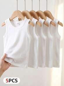 SHEIN Playful Pals 5pcs/Set Baby Boys' Casual White Knitted Sleeveless Vest Tops, Suitable As Undershirt, For Outdoors, Daily Casual Wear, Travel, 6 Months To 3 Years Old, Suitable For Spring/Summer, Easy Comfort, Casual Wear SS, Family Outing Season, Cherished Little Joy, Vacation Kidswear, Vacation Outfits, Baby Essentials, Chill Vacation, Cozy Feel, Kids' Daily Fashion Baby Tank Tops Baby Boy Tank Tops Toddler Undershirts White Tops For Baby Boy Toddler Tank Tops Boy Baby Undershirts White Baby Tank Tops - White - View 9