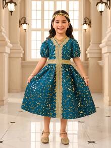1pc Girls Green Moon & Star Print Floral Trim Princess Style Short Sleeve Mini Dress, Elegant For Daily Wear, School, Party, Photo Shoot, Family Gathering Girls Turquoise Dress Kids Jacquard Dresses Girls Dresses Elegant Teal Toddler Girls Kids Arabic Dress Kids Dresses For Girls Blue - Dark Green - View 3