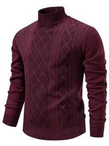Calvornis Men's Diamond Pattern Turtleneck Long Sleeve Sweater, Autumn/Winter - Burgundy - View 3