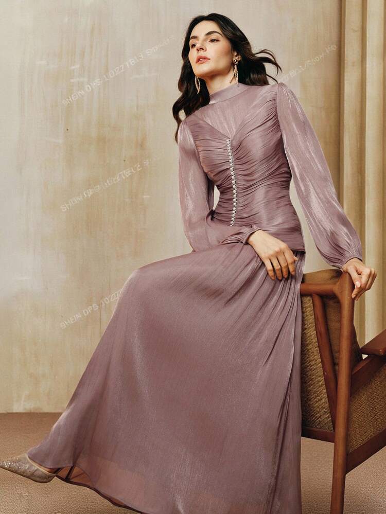 Robe Anewsta à col montant élégant, manches lanternes, décoration de perles, taille plissée, coupe évasée, automne/hiver