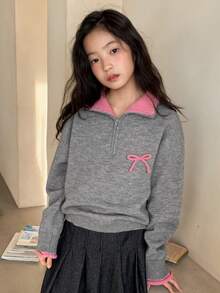 DAZY Maglione casual con colletto a fiocco e blocchi di colore per ragazze pre-adolescenti, autunno/inverno