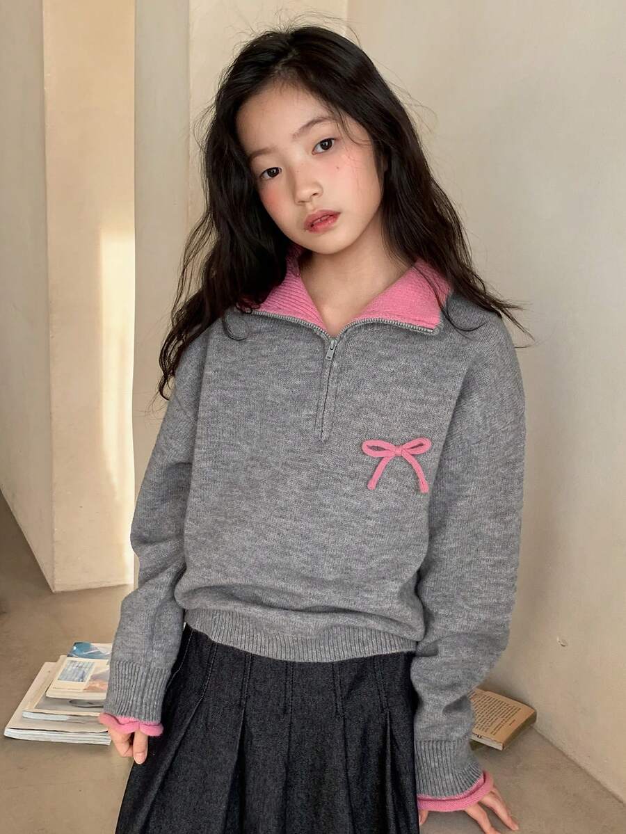 DAZY Maglione casual con colletto a fiocco e blocchi di colore per ragazze pre-adolescenti, autunno/inverno