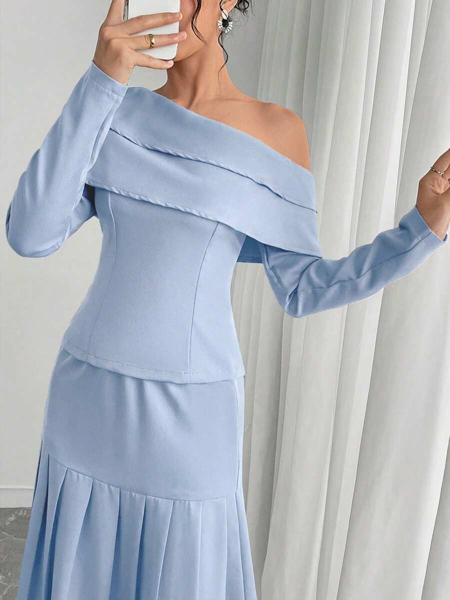 Modelyn 女士优雅通勤纯色不对称领上衣和百褶裙两件套 - 淺藍色 - 查看 1