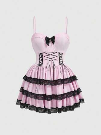 Kawaii Plus Size Women Lace Trim Bow Tie Camisole Dress, Sweet & Cool Pink & Black