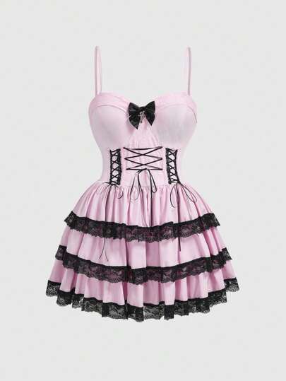 Kawaii Plus Size Women Lace Trim Bow Tie Camisole Dress, Sweet & Cool Pink & Black