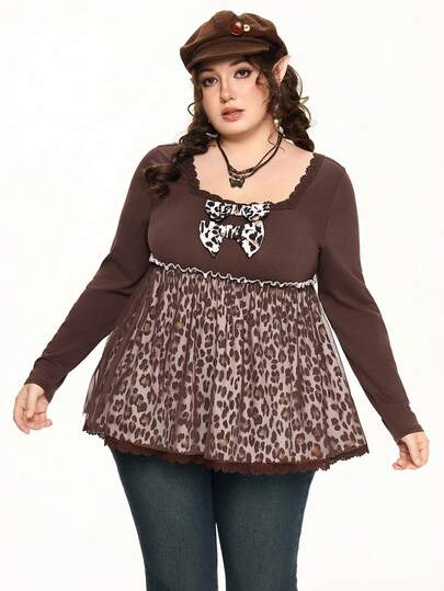 Blusa de manga larga con estampado de leopardo, malla y lazo en tono marrón, estilo fairycore, para mujer talla grande, de uso casual en otoño/invierno
