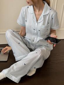 Napfluff Women's Striped Bow Print Short Sleeve Pajama Set - Multicolor - View 5