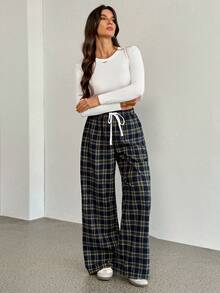 SHEIN Tall Pantalones anchos de mujer con patrón de cuadros y contraste de color, cómodos y adecuados para uso casual en otoño/invierno y primavera/verano - Multicolor - Ver 7