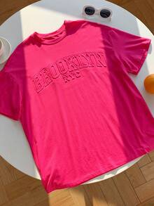 SHEIN EZwear Summer Tops Pink Solid Letter Embossed Drop Shoulder Tee - Hot Pink - View 8