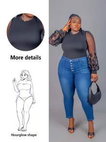 CurvyTilda Mono elegante de manga larga con parches de malla y bordado floral para mujer de talla grande - Negro - Ver 1