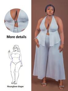 CurvyTilda Nuevo conjunto de top corto texturizado sin espalda y pantalones de pierna ancha, look sexy para fiesta/vuelta al colegio, talla grande, conjunto de fiesta todo en blanco - Blanco - Ver 1