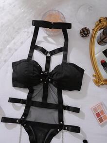 AltCore Women's Punk Ring Linked Harness Teddy Bodysuit With 1pair Leg Ring, Lingerie - Black - View 6