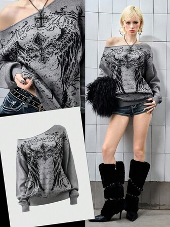 Grunge Punk Vintage Music Festival Party Jacquard Loose Asymmetric Shoulder Sweater For Women