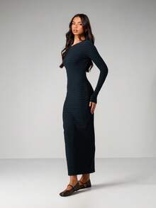 MISSGUIDED Đầm maxi dài tay ôm sát kẻ sọc ngang, thích hợp mặc mùa đông thu, kiểu dáng thường ngày, thanh lịch, dài đến mắt cá chân, cổ tròn, chất liệu dệt kim gân. - Nhiều màu - Xem 4