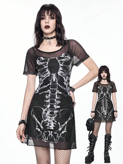 Vintage Romantic Dark Gothic Skeleton Bone Waist Dress For Women