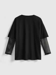 ROMWE Gothic Academy Cat Print Mesh Patchwork Loose T-Shirt For Women, Back To School Season - Black - View 2