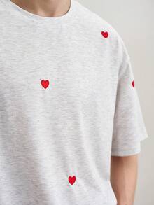 TOKVUE Men's Casual Floral & Heart Embroidered T-Shirt - Light Grey - View 5