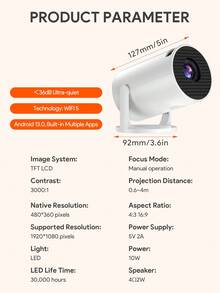 JMMO 便携式投影仪，支持 Wi-Fi 5 和 4K/1080P 分辨率，具备自动梯形校正和 270° 旋转功能，呈现家庭影院级画质。