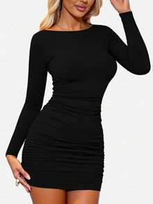 INAWLY Women Solid Color Round Neck Long Sleeve Casual Short Dress Fall Cloth For Women - Black - View 4