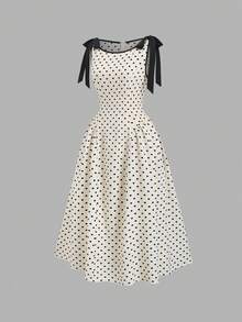 SHEIN Sweetro Đầm dài dáng chữ A kiểu Pháp cổ điển thanh lịch màu mơ chấm bi thắt nơ eo, kiểu công chúa ngọt ngào, thích hợp cho mùa xuân/hè. - Màu be - Xem 5