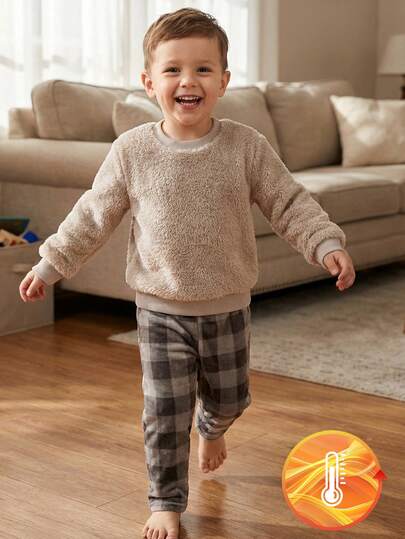 男童休闲柔软长袖上衣和格子裤睡衣套装