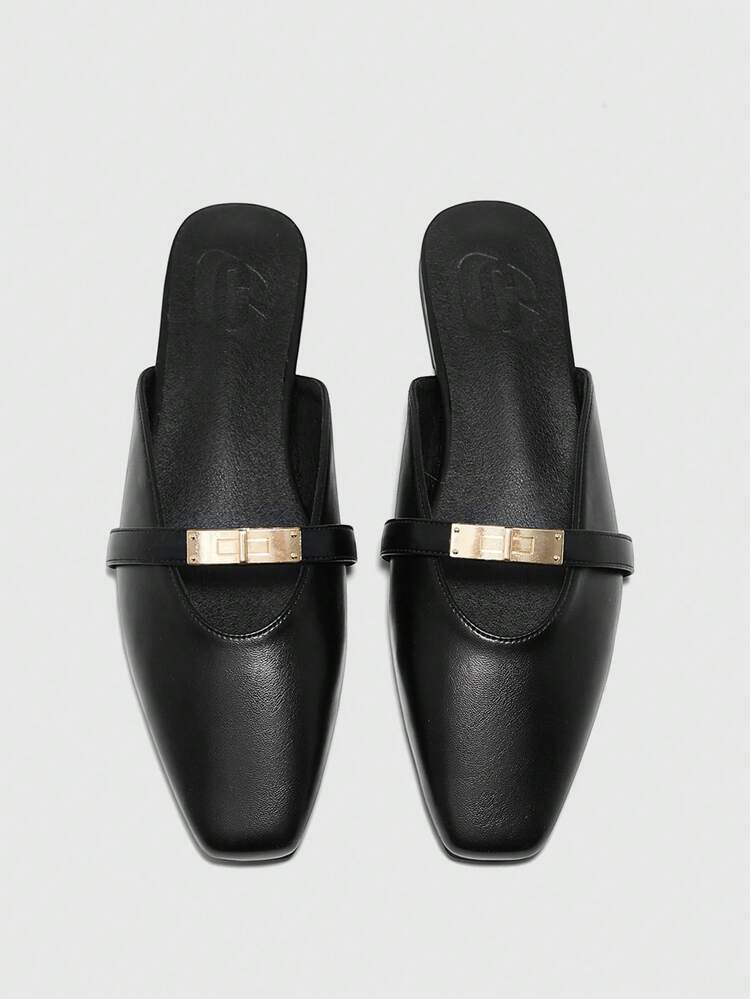 CUCCOO BIZCHIC Women's Square Toe Flat Black Metal Buckle Mary Jane Flats, Lightweight Comfortable Slip-On Suitable For Dresses Spring Shoes