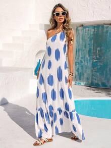 Vivid Eden Vacation Woven Printed Loose Fit Women Maxi One-Shoulder Dress,Summer Clothes,Valentine Day,Vacation Outfits Woman,Beach Outfits For Woman, Festival,Romantic,Bohemian,BOHO, Sweet, Rave Outfits Festival,Tropical Vacation Woman Clothes,Carnaval - Blue and White - View 1